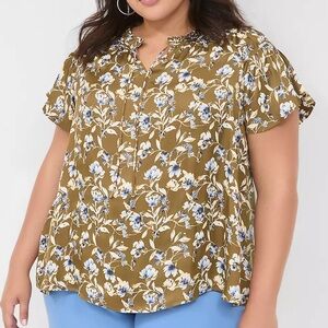 Lane Bryant Floral Print Satin Knit Top Cap Flutter Sleeves Green 14 / 16